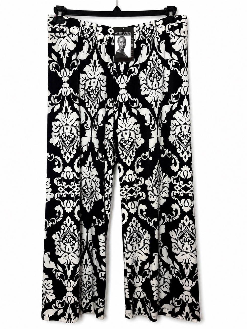 Attitudes by Renee 2X Black White Damask Wide Leg Palazzo Pants
